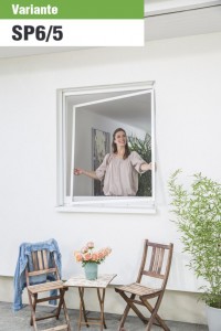 SP6/5 Spannrahmen Insektenschutz  für Holzfenster mit schrägem Blendrahmenüberschlag und Regenschiene