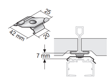 Spezialbefestigungsclip für abgehängte Decken 05-7511 p. St. 4,40 mit T-Profilen 24-26 mm und unten überstehenden Paneelen 05-7511